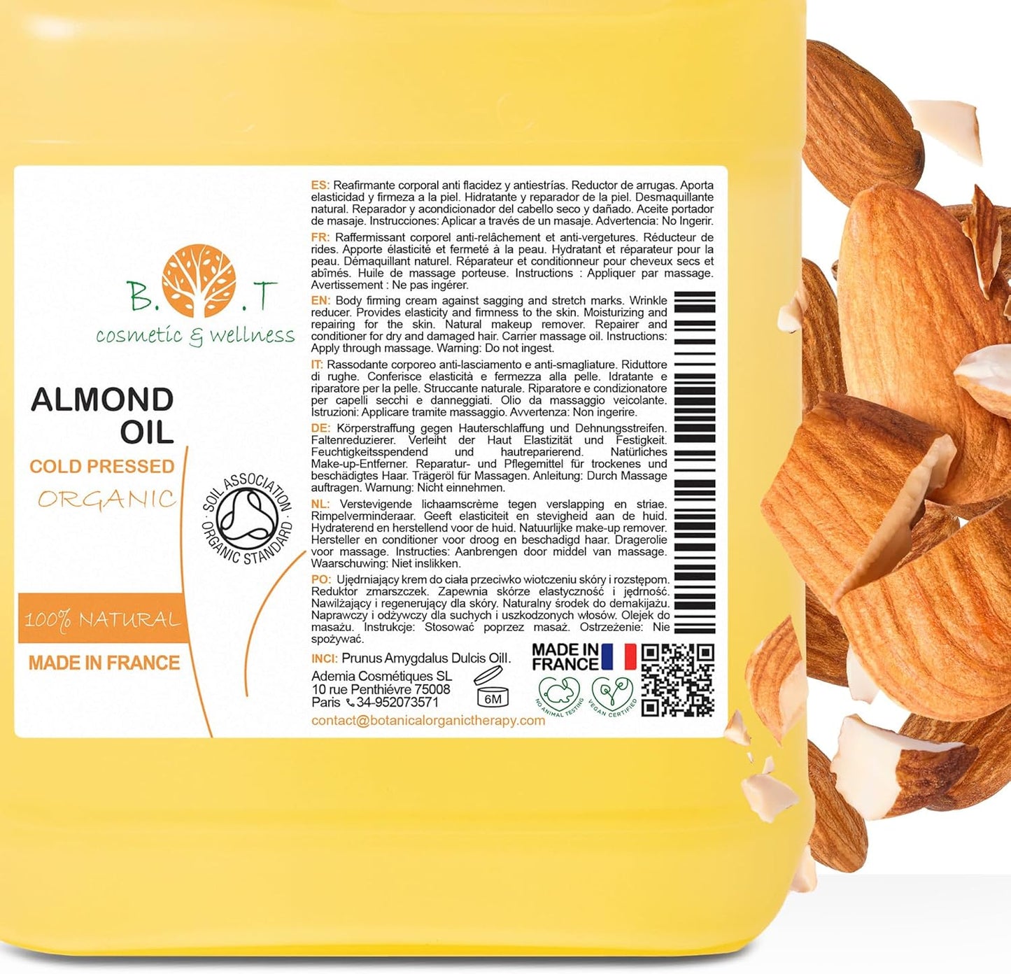 Aceite De Almendras, Organico, Prensado En Frio, Puro, Natural. Aceite Masaje Profesional, Aceite Cabello Y Pestañas, Hidratante Corporal Manos, Uñas, Antiedad, Estrias, Embarazo, 1000 Ml